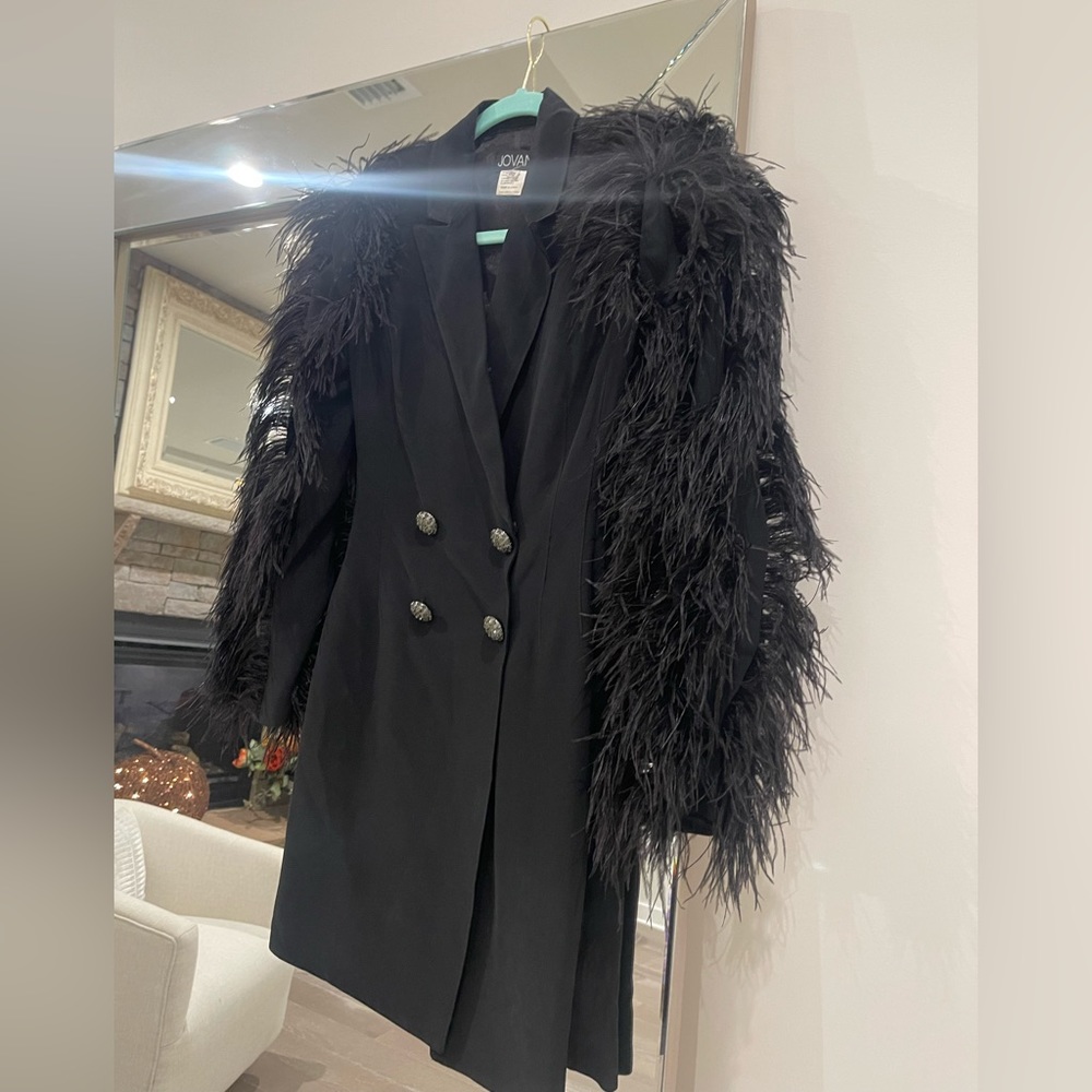 Black Jovani Feather Sleeves Deep V Jacket Dress w Rhinestone Buttons